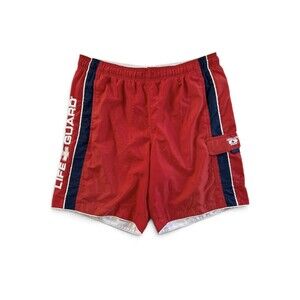 Vintage 90s Speedo LIFE GUARD Red W/ Side Stripes Mesh Lined Swim Trunks Men’s M